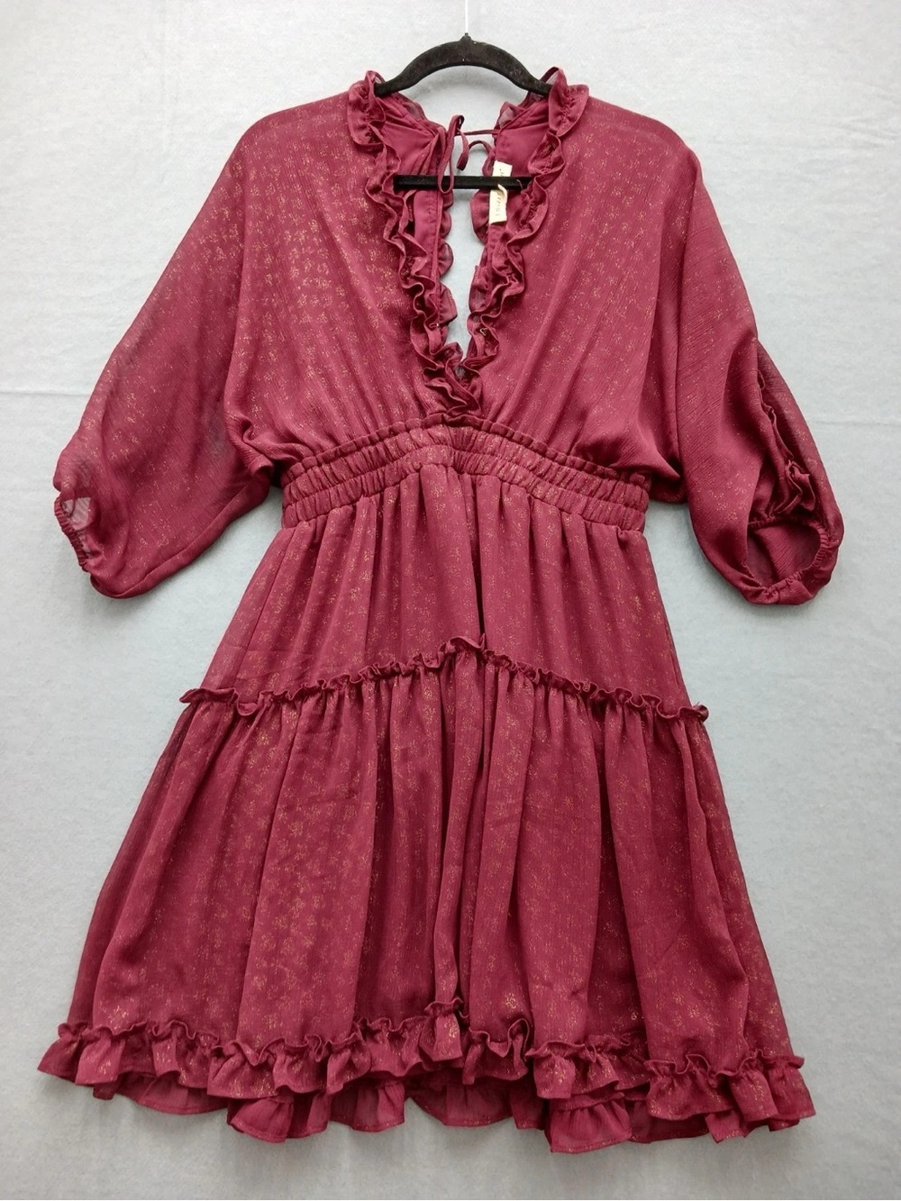 lovestitch Ruffled V-Neck Mini Dress in Wine Pink